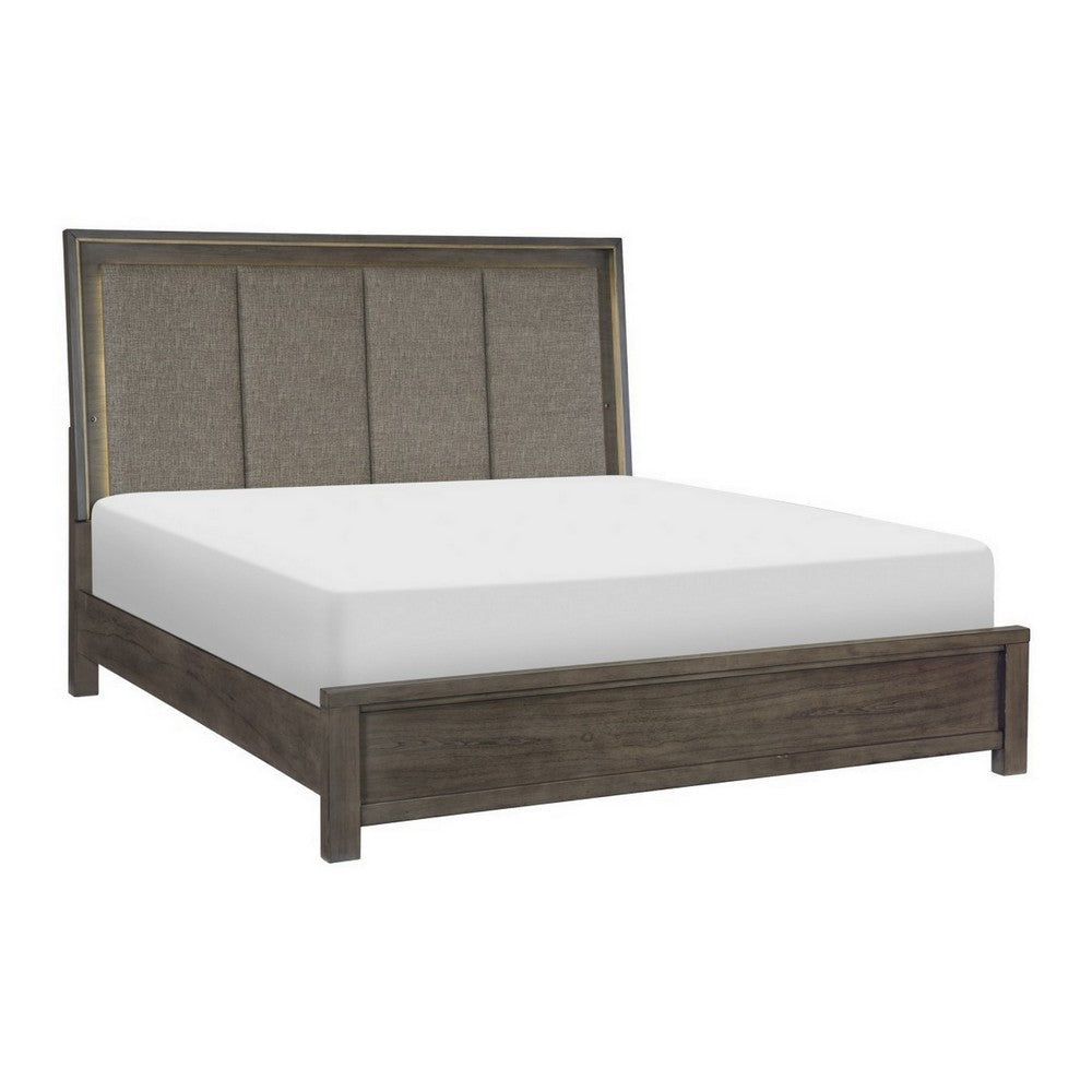 Carie Queen Bed, LED Lit Upholstered Headboard, Brown Gray Solid Wood By Casagear Home