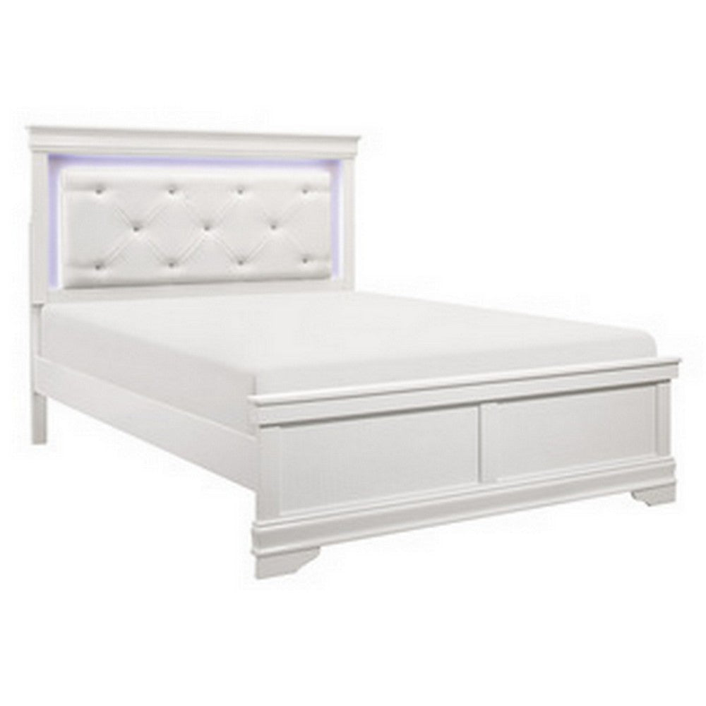 Teich Queen Bed, LED, Crystal Tufted Faux Leather Upholstery, White Wood By Casagear Home