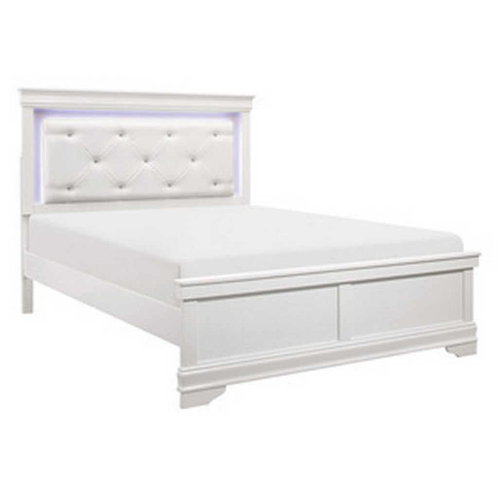 Teich Queen Bed LED Crystal Tufted Faux Leather Upholstery White Wood By Casagear Home BM314281