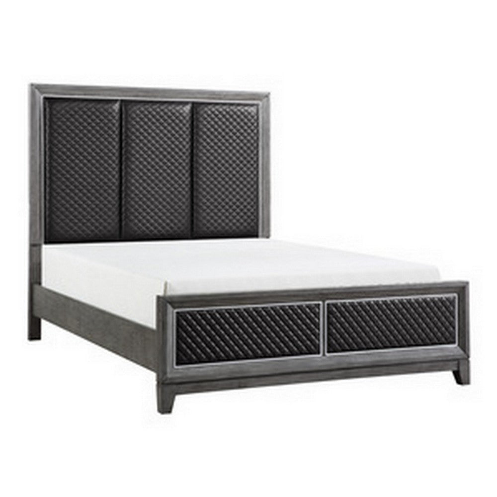 Stacy Queen Bed, Gray Faux Leather Upholstered Panels, Silver, Gray Wood By Casagear Home