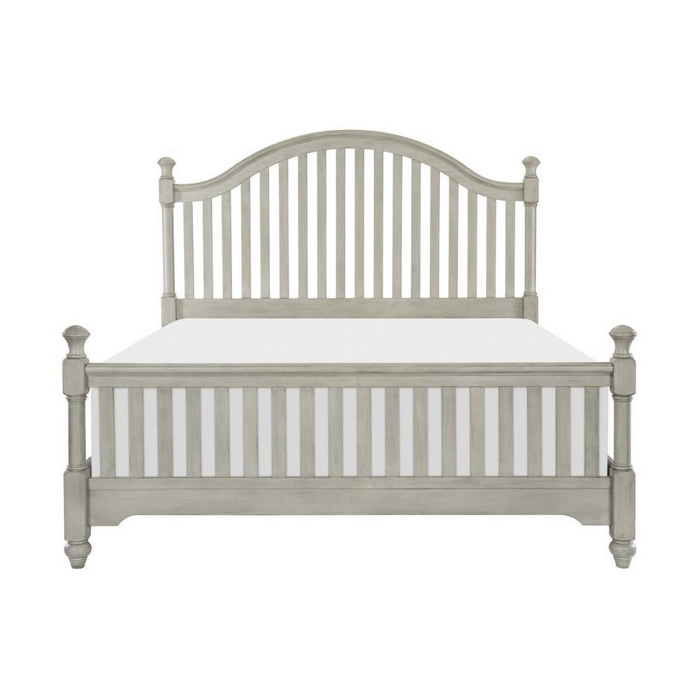 Ugo Queen Bed Slatted Arched Headboard Finial Accents Gray Wood Frame By Casagear Home BM314284