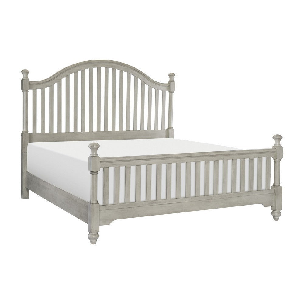 Ugo Queen Bed, Slatted Arched Headboard, Finial Accents, Gray Wood Frame By Casagear Home