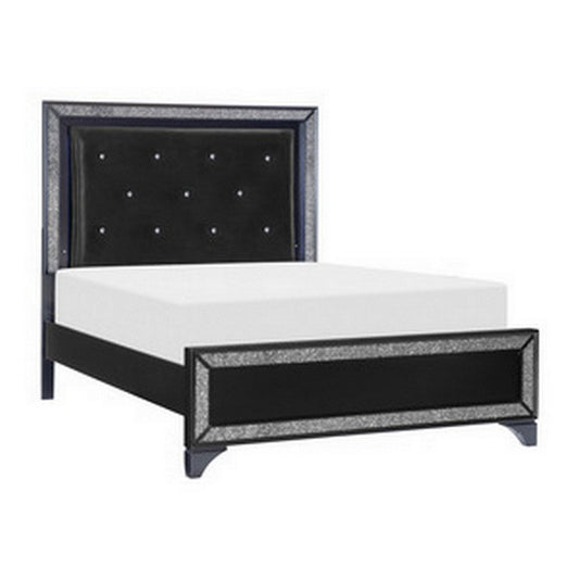 Edolie Queen Bed, Crystal Tufted Black Faux Leather Upholstery, Solid Wood By Casagear Home