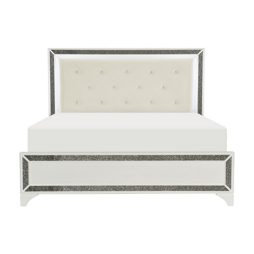 Edolie Queen Bed Crystal Tufted White Faux Leather Upholstery Solid Wood By Casagear Home BM314287