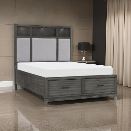 Celia Queen Platform Bed, 2 Drawers, Shelves on Headboard, Pebble Gray By Casagear Home