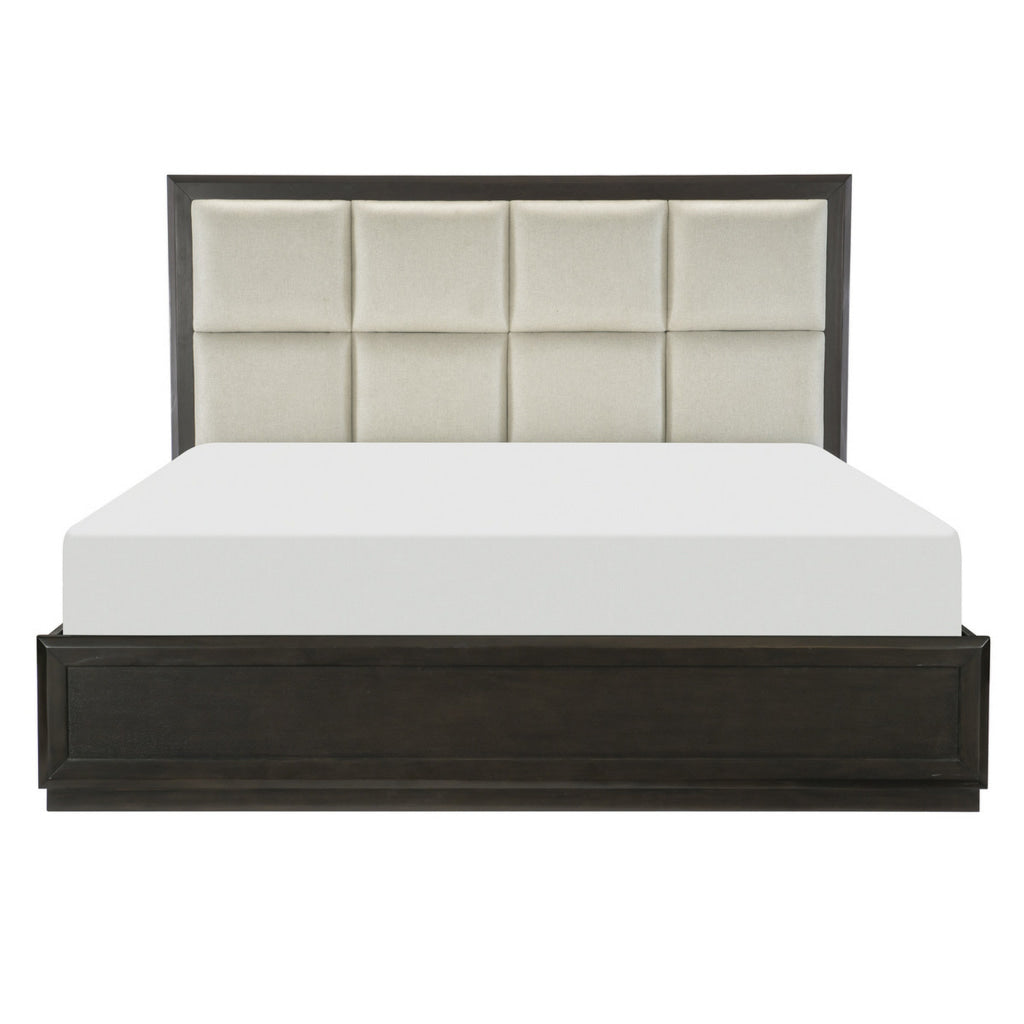 Pagi Queen Platform Bed Beige Upholstered Headboard Dark Charcoal Gray By Casagear Home BM314289