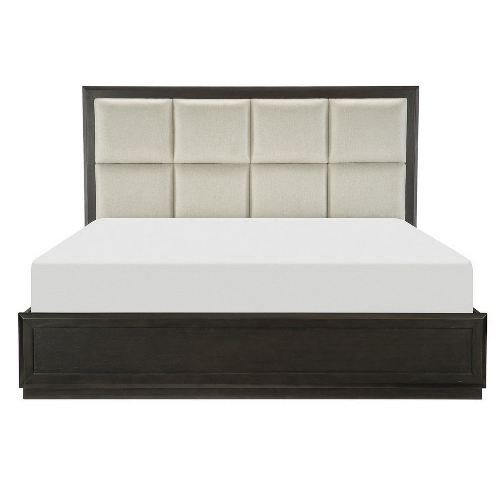 Pagi Queen Platform Bed Beige Upholstered Headboard Dark Charcoal Gray By Casagear Home BM314289