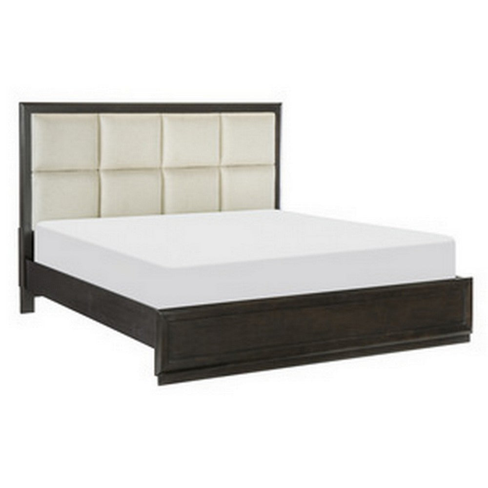 Pagi Queen Platform Bed, Beige Upholstered Headboard, Dark Charcoal Gray By Casagear Home