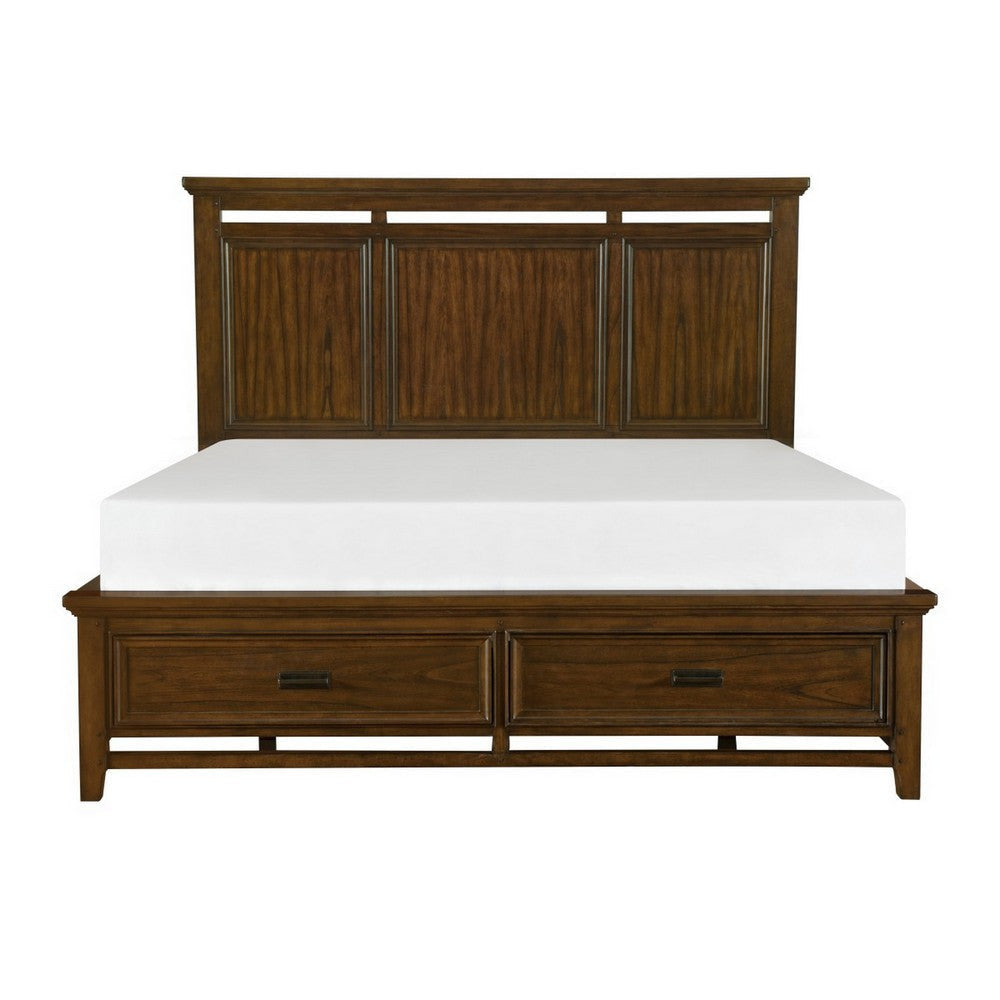 Zian Queen Platform Bed 2 Drawers with Bar Handles Brown Cherry Wood By Casagear Home BM314294