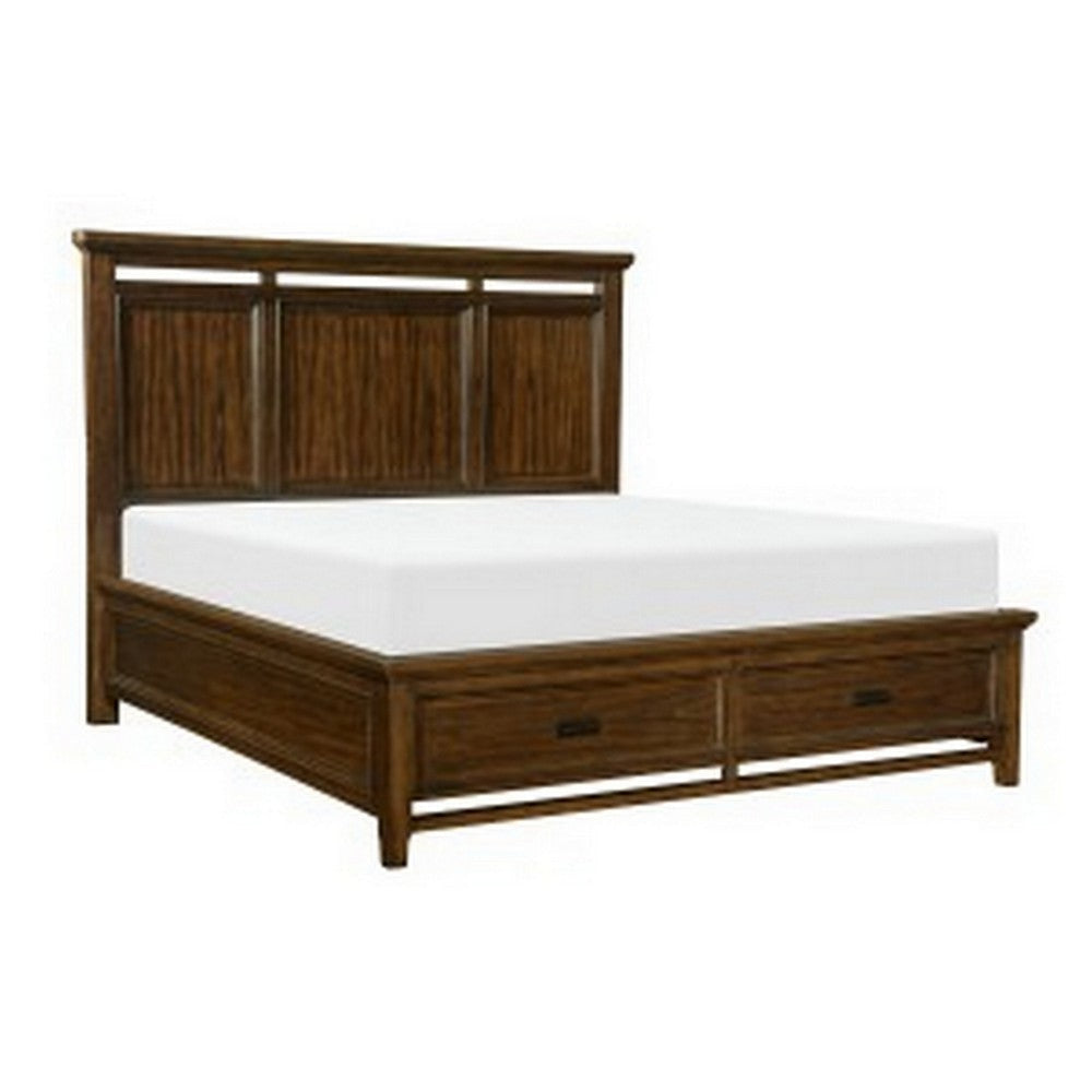 Zian Queen Platform Bed, 2 Drawers with Bar Handles, Brown Cherry Wood By Casagear Home