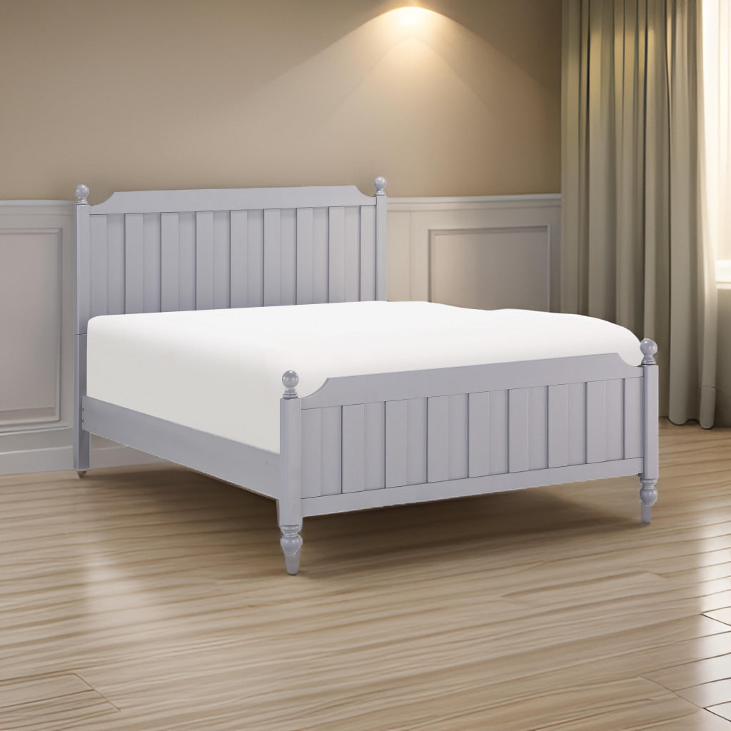 Elsa Queen Bed, Ball Finials on Bed Posts, Turned Feet, Gray Wood Frame By Casagear Home