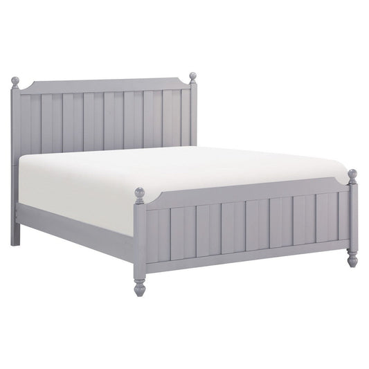 Elsa Queen Bed, Ball Finials on Bed Posts, Turned Feet, Gray Wood Frame By Casagear Home