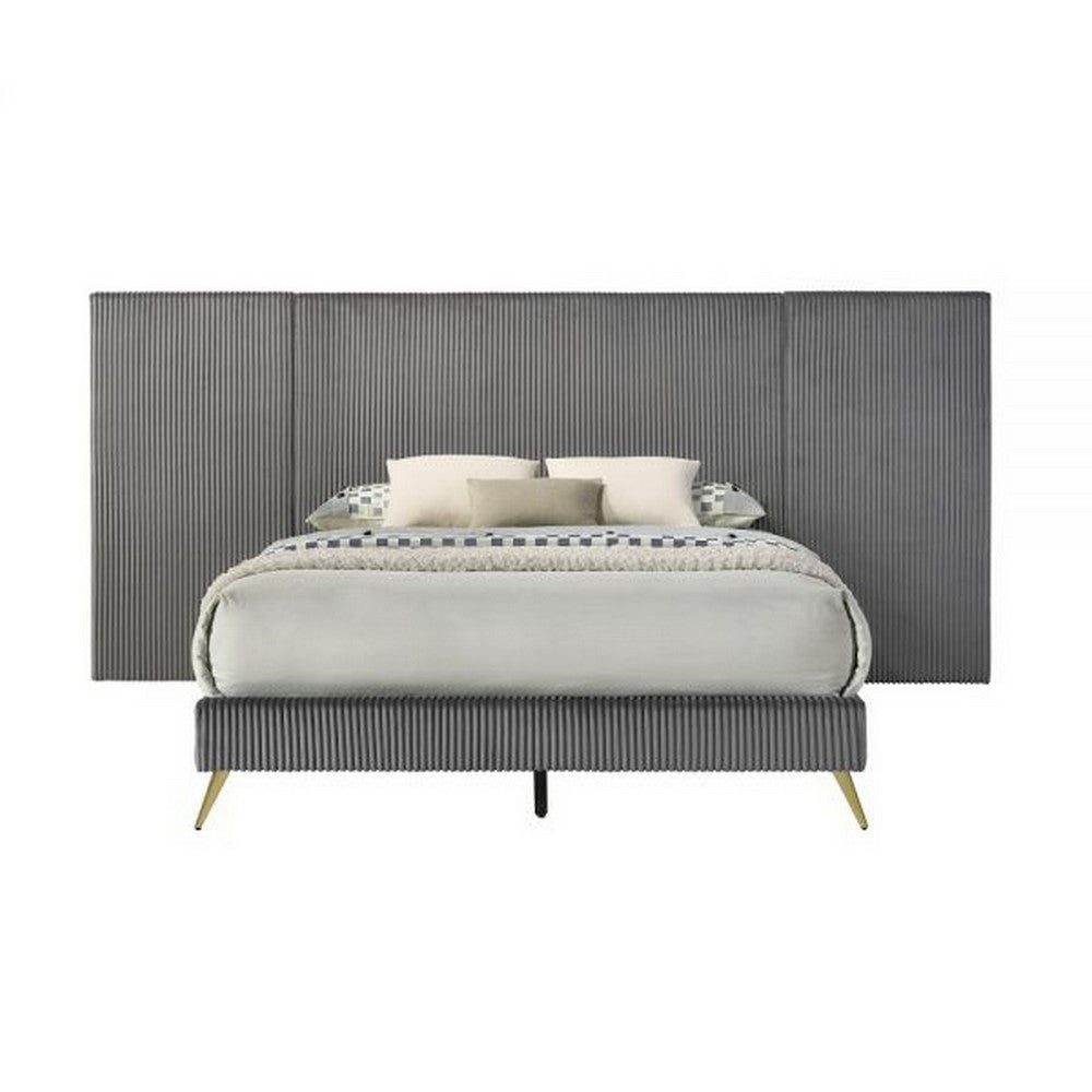 Zue King Size Bed Wide Wall Headboard Gray Upholstery Gold Metal Legs By Casagear Home BM314300