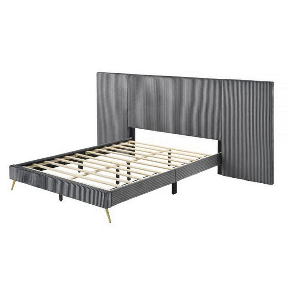 Zue King Size Bed, Wide Wall Headboard, Gray Upholstery, Gold Metal Legs By Casagear Home