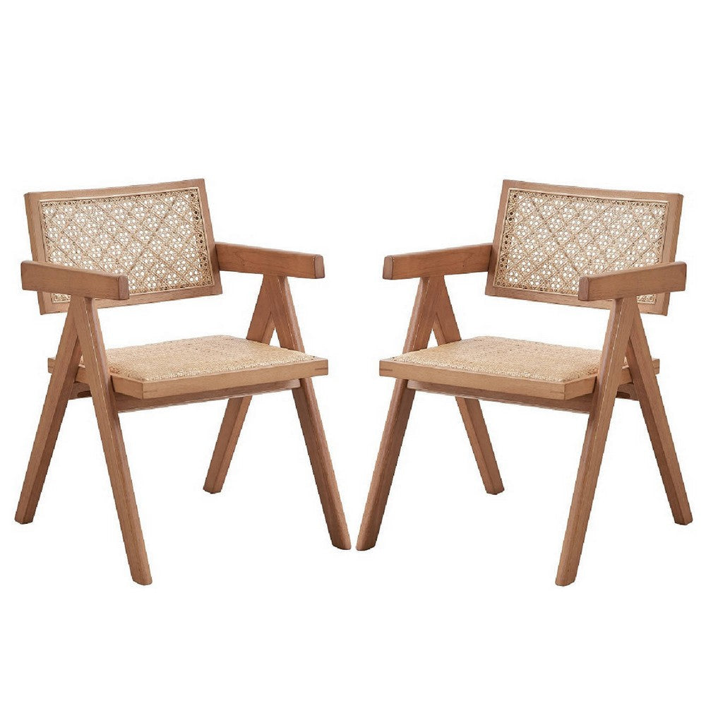 Tina 22 Inch Dining Armchair Set of 2 Woven Rattan Natural Brown Wood By Casagear Home BM314307