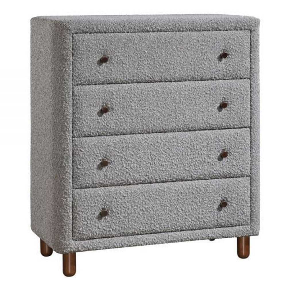 Lyno 38 Inch Tall Dresser Chest, 4 Drawers, Gray Boucle Upholstery, Brown By Casagear Home