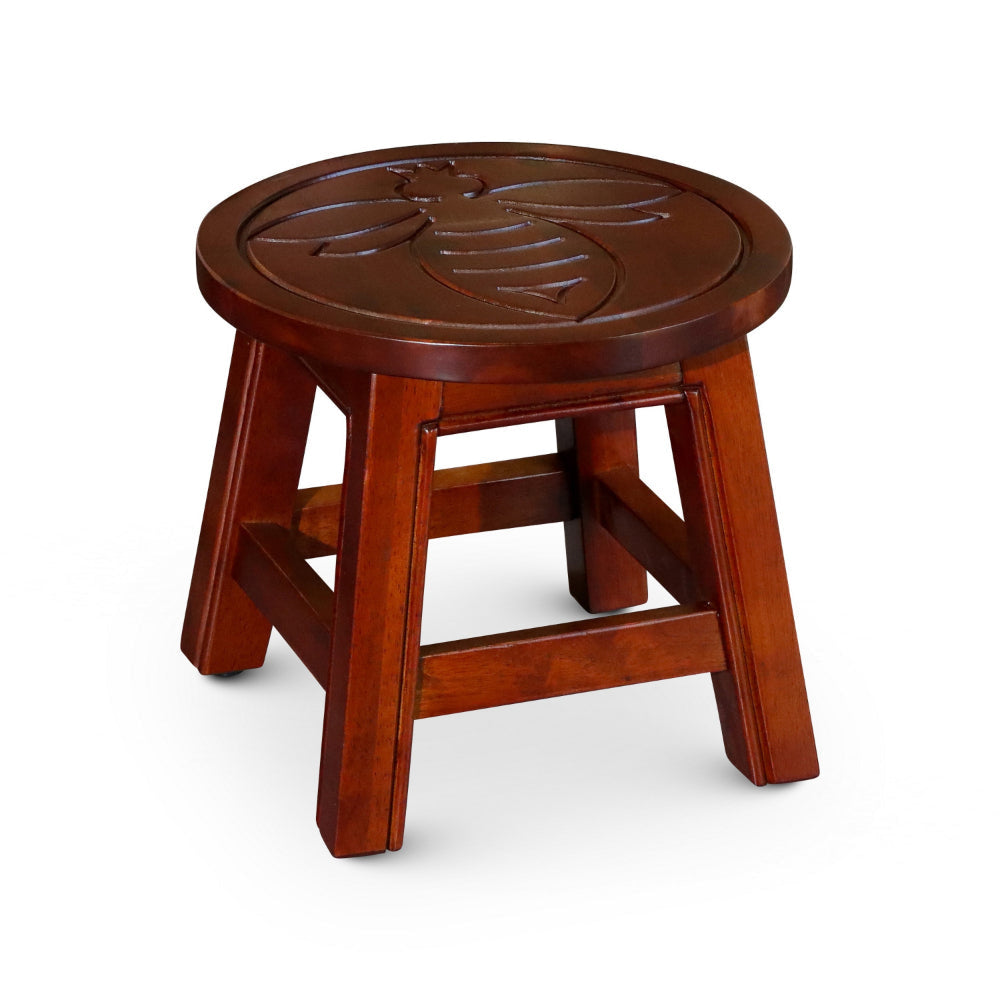 11 Inch Step Stool Footrest Wood Carved Queen Bee Round Cherry Brown By Casagear Home BM314322