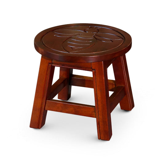 11 Inch Step Stool Footrest, Wood Carved Queen Bee, Round, Cherry Brown By Casagear Home