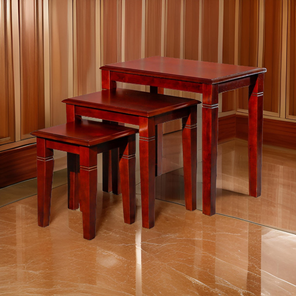 3 Piece Nesting Side Accent Table Set Sleek Carved Cherry Brown Wood By Casagear Home BM314335