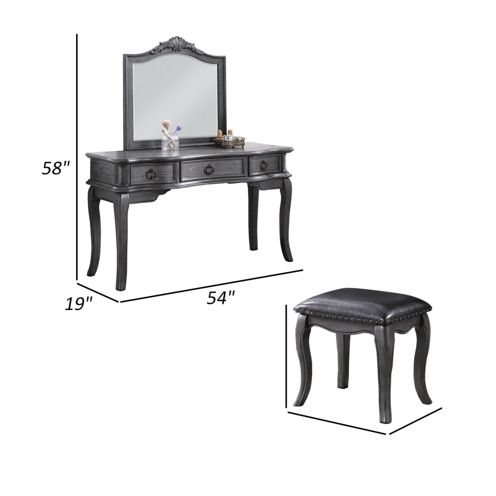 Fyn 60 Inch Vanity Desk Set with Matching Stool and Mirror Gray Solid Wood By Casagear Home BM314379