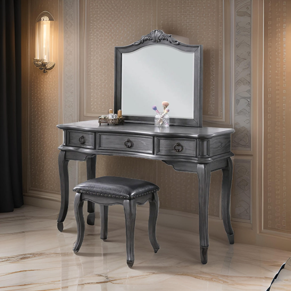 Fyn 60 Inch Vanity Desk Set with Matching Stool and Mirror, Gray Solid Wood By Casagear Home