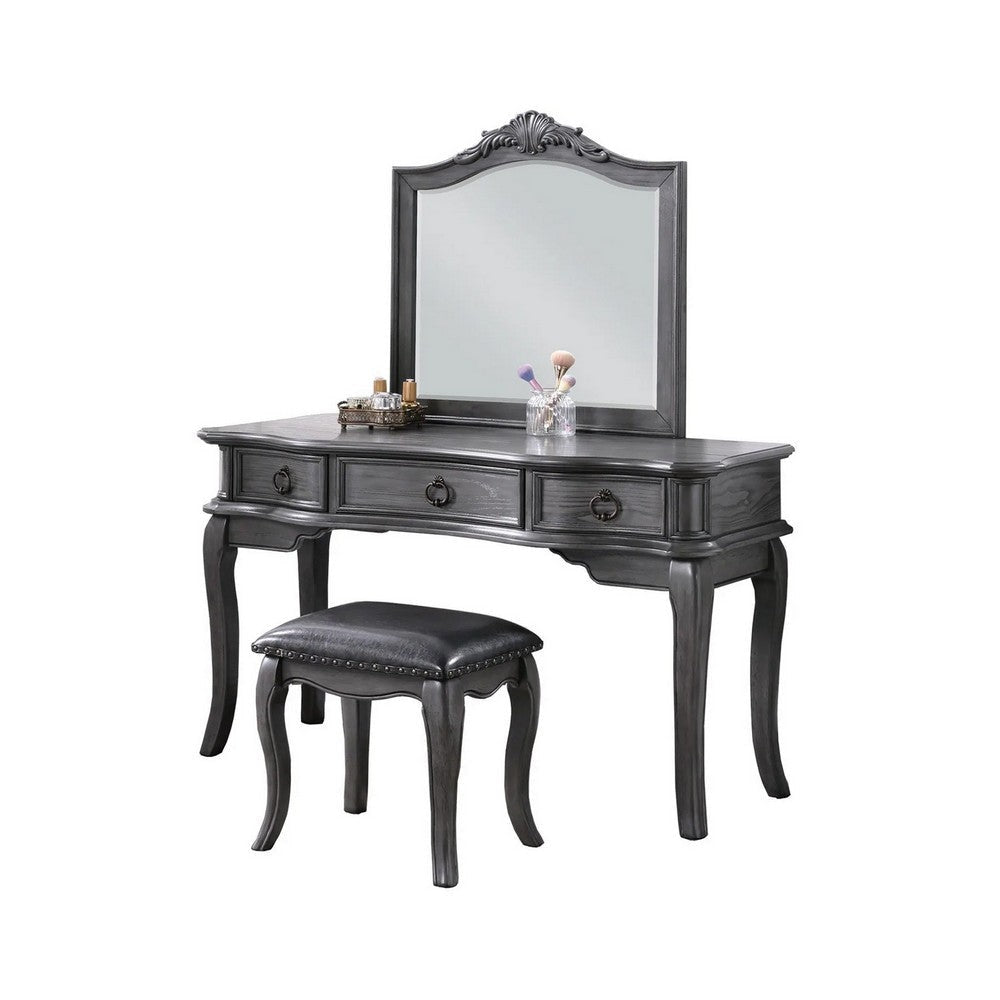 Fyn 60 Inch Vanity Desk Set with Matching Stool and Mirror, Gray Solid Wood By Casagear Home