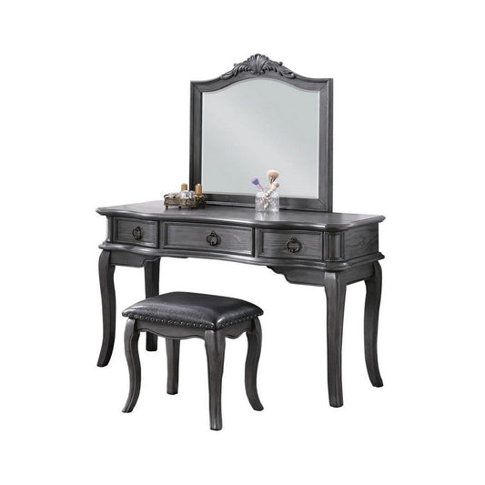 Fyn 60 Inch Vanity Desk Set with Matching Stool and Mirror, Gray Solid Wood By Casagear Home