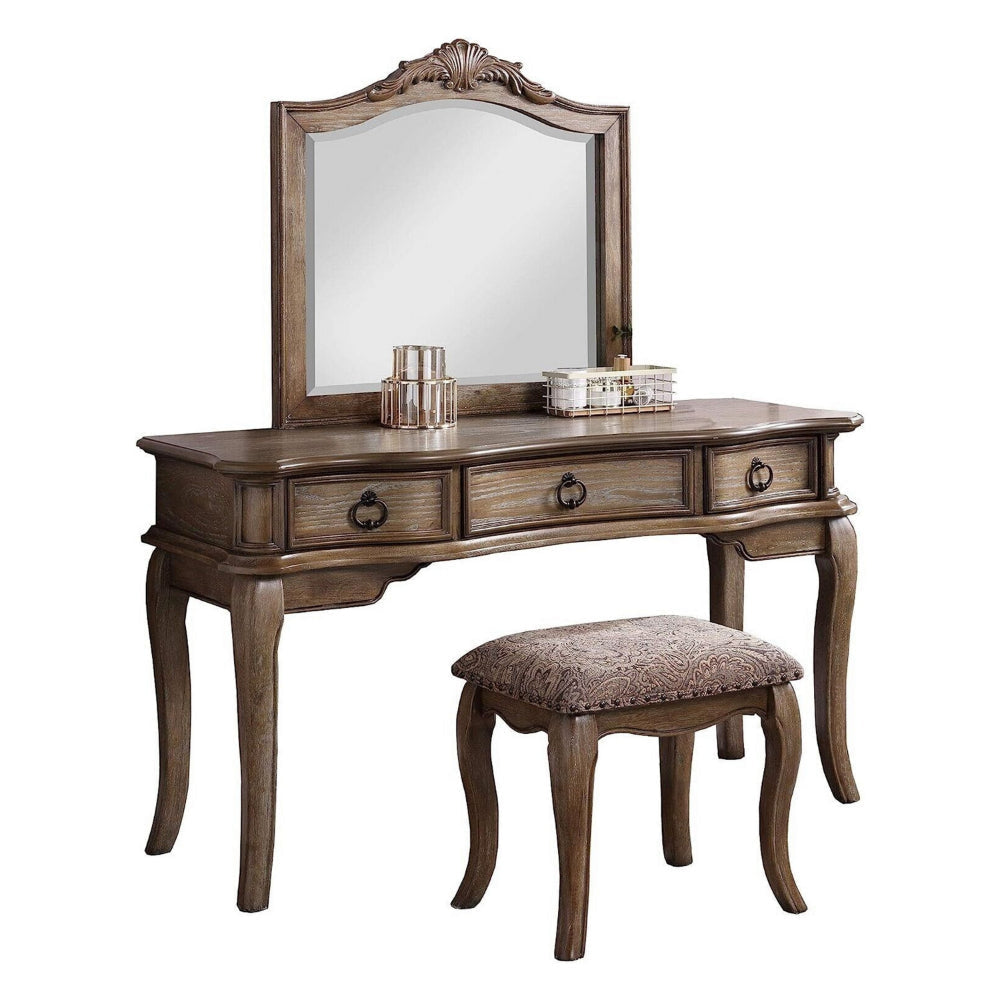 Fyn 60 Inch Vanity Desk Set with Stool and Mirror, Brown Solid Wood By Casagear Home