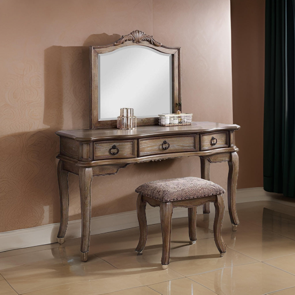 Fyn 60 Inch Vanity Desk Set with Stool and Mirror, Brown Solid Wood By Casagear Home