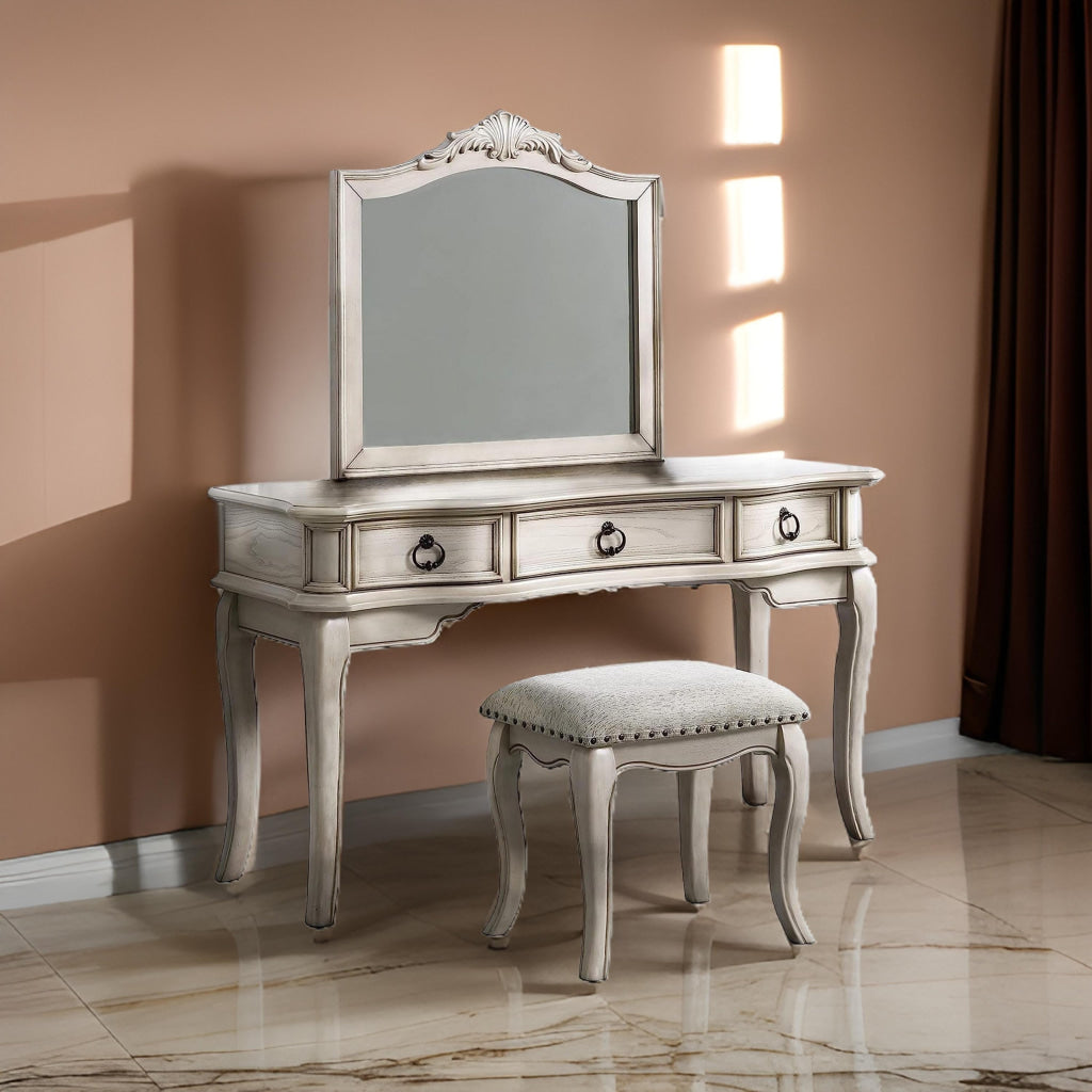 Fyn 60 Inch Vanity Desk Set with Stool and Mirror, White Solid Wood By Casagear Home