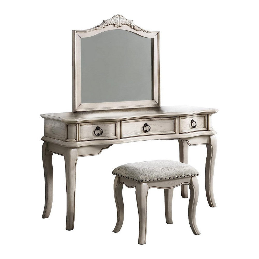 Fyn 60 Inch Vanity Desk Set with Stool and Mirror, White Solid Wood By Casagear Home