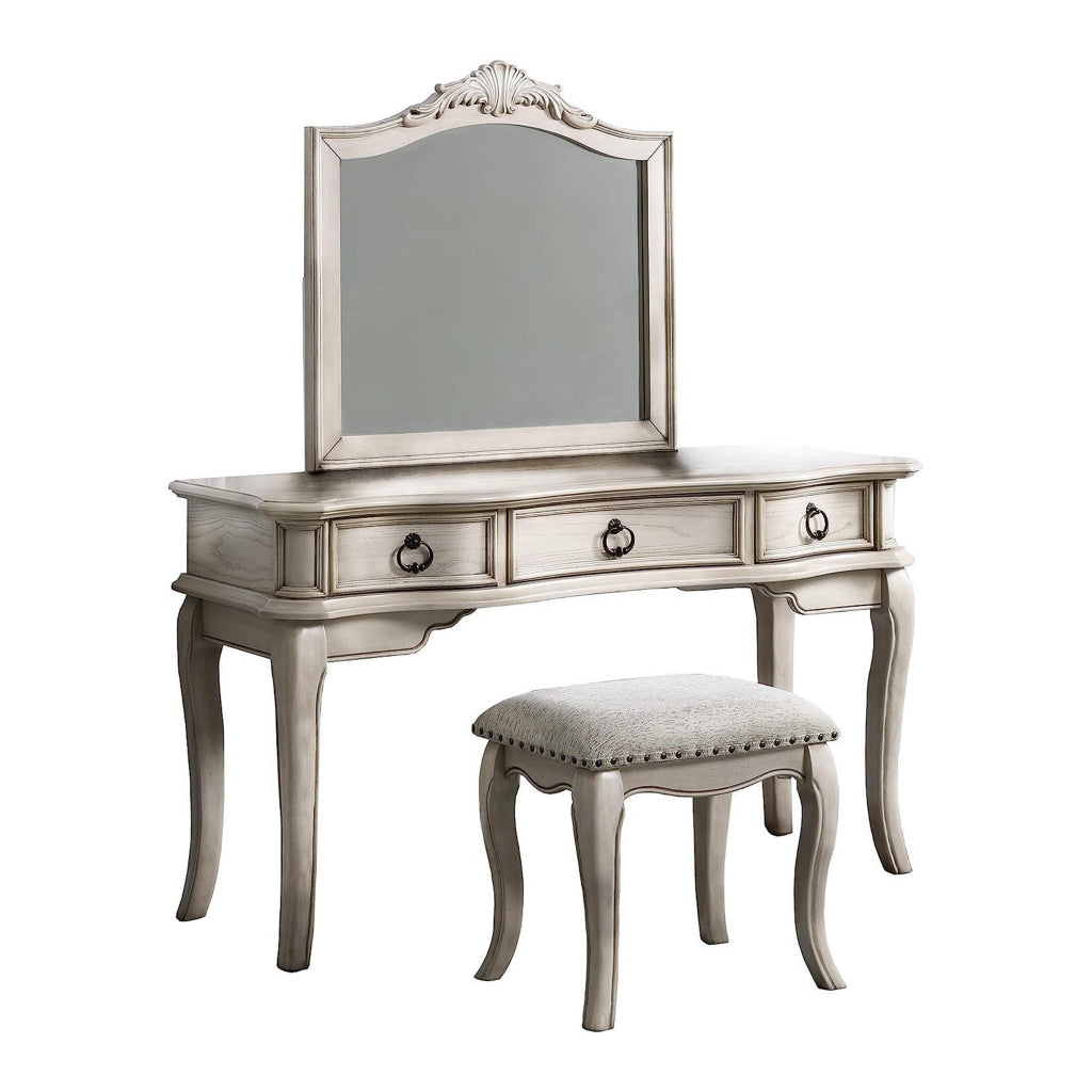 Fyn 60 Inch Vanity Desk Set with Stool and Mirror White Solid Wood By Casagear Home BM314381