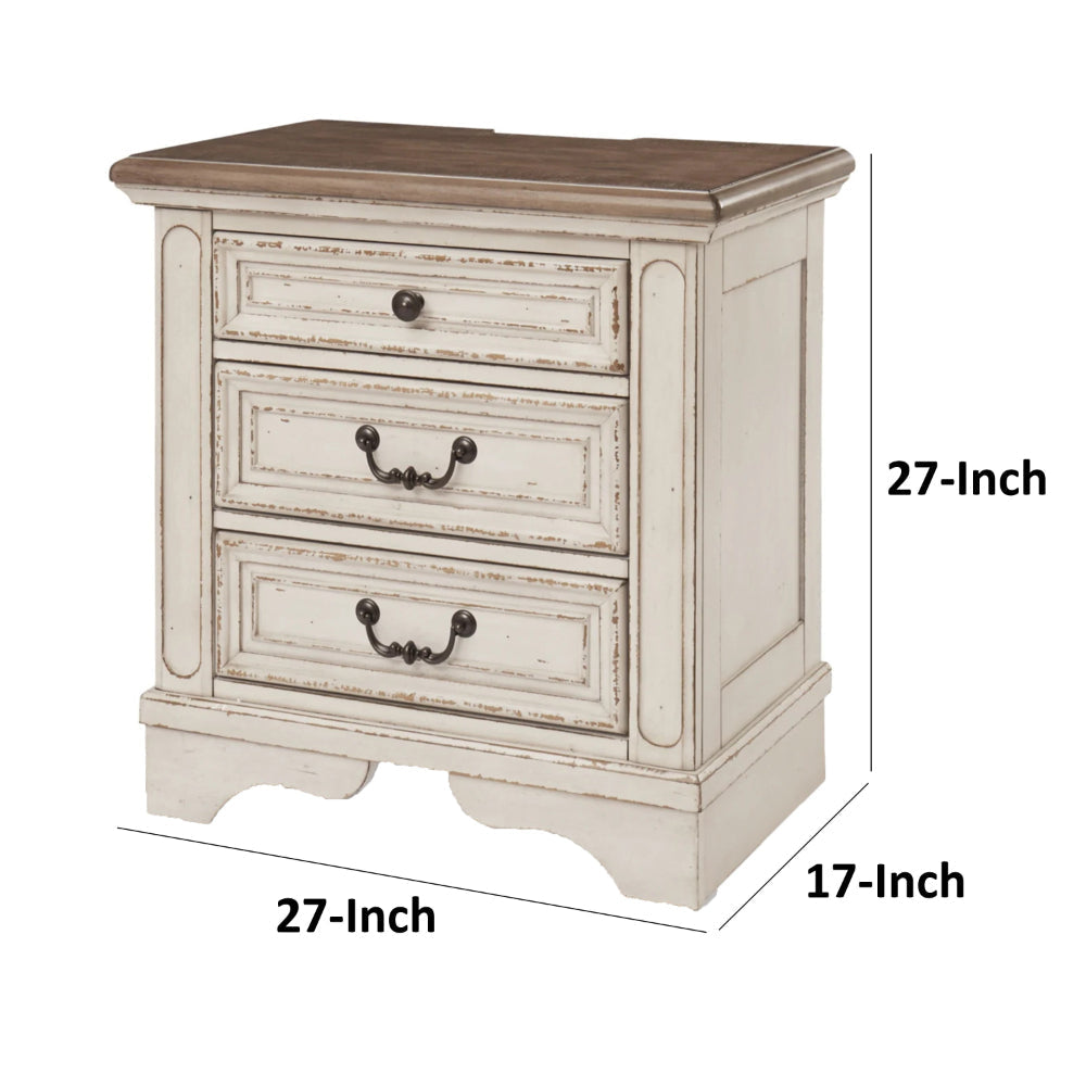 Beny 27 Inch Nightstand with 3 Drawers Black Handles White Wood Finish By Casagear Home BM314382