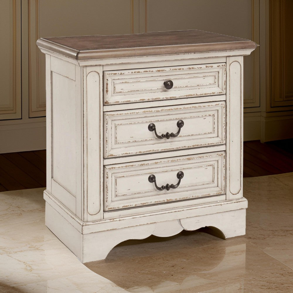 Beny 27 Inch Nightstand with 3 Drawers, Black Handles, White Wood Finish By Casagear Home