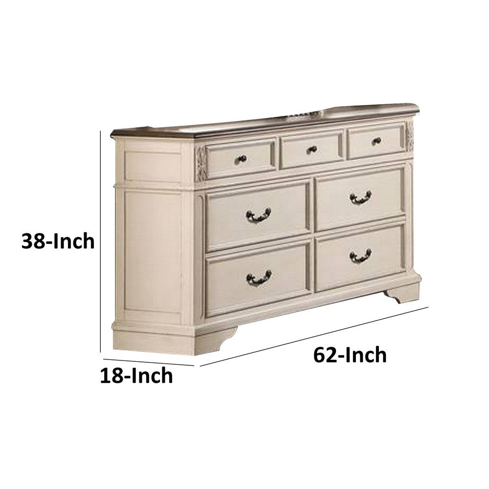 Beny 62 Inch Wide Dresser with 7 Drawers Black Handles White Wood Finish By Casagear Home BM314383