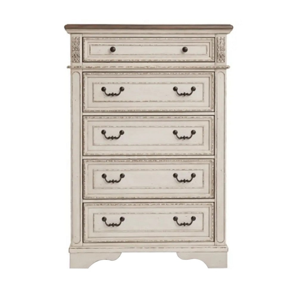 Beny 52 Inch Tall Dresser Chest with 5 Drawers, Black Handles, White Wood By Casagear Home