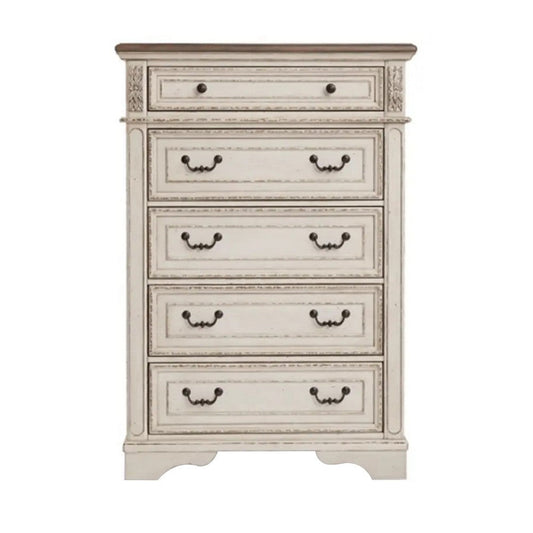 Beny 52 Inch Tall Dresser Chest with 5 Drawers, Black Handles, White Wood By Casagear Home