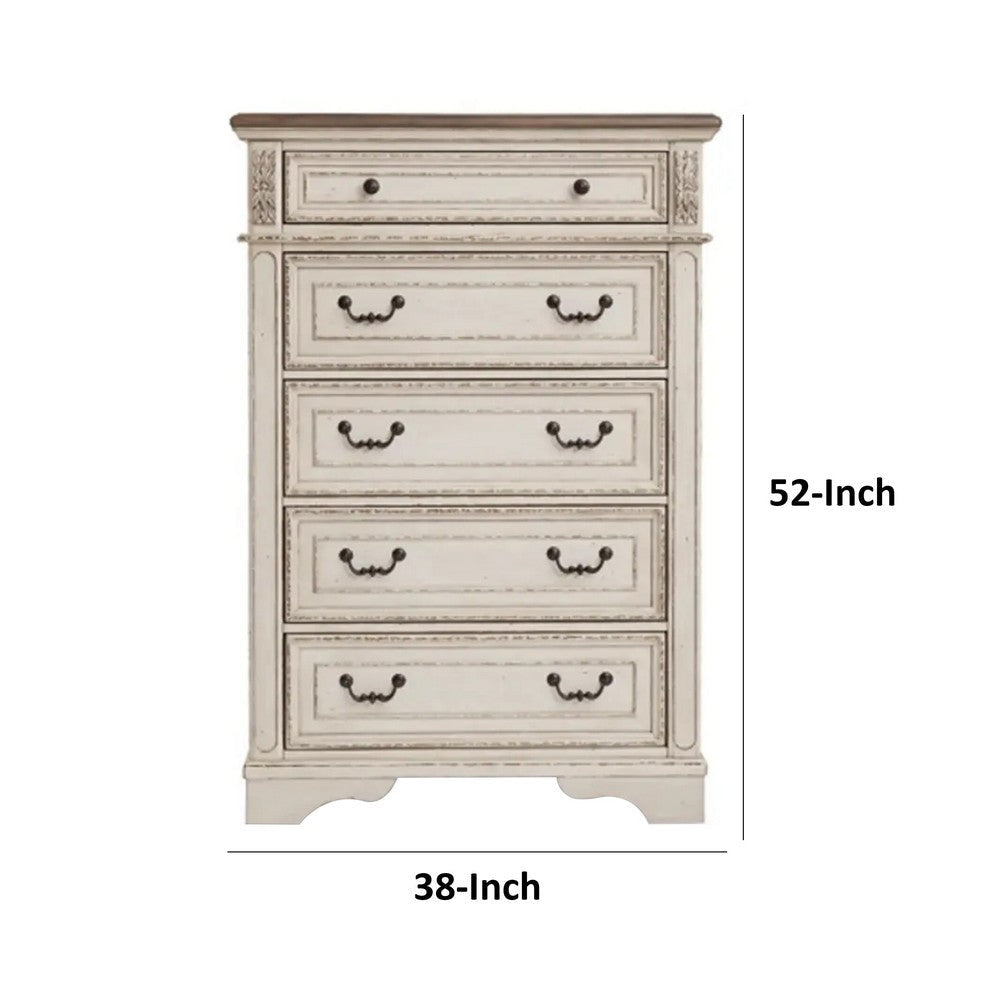 Beny 52 Inch Tall Dresser Chest with 5 Drawers Black Handles White Wood By Casagear Home BM314384