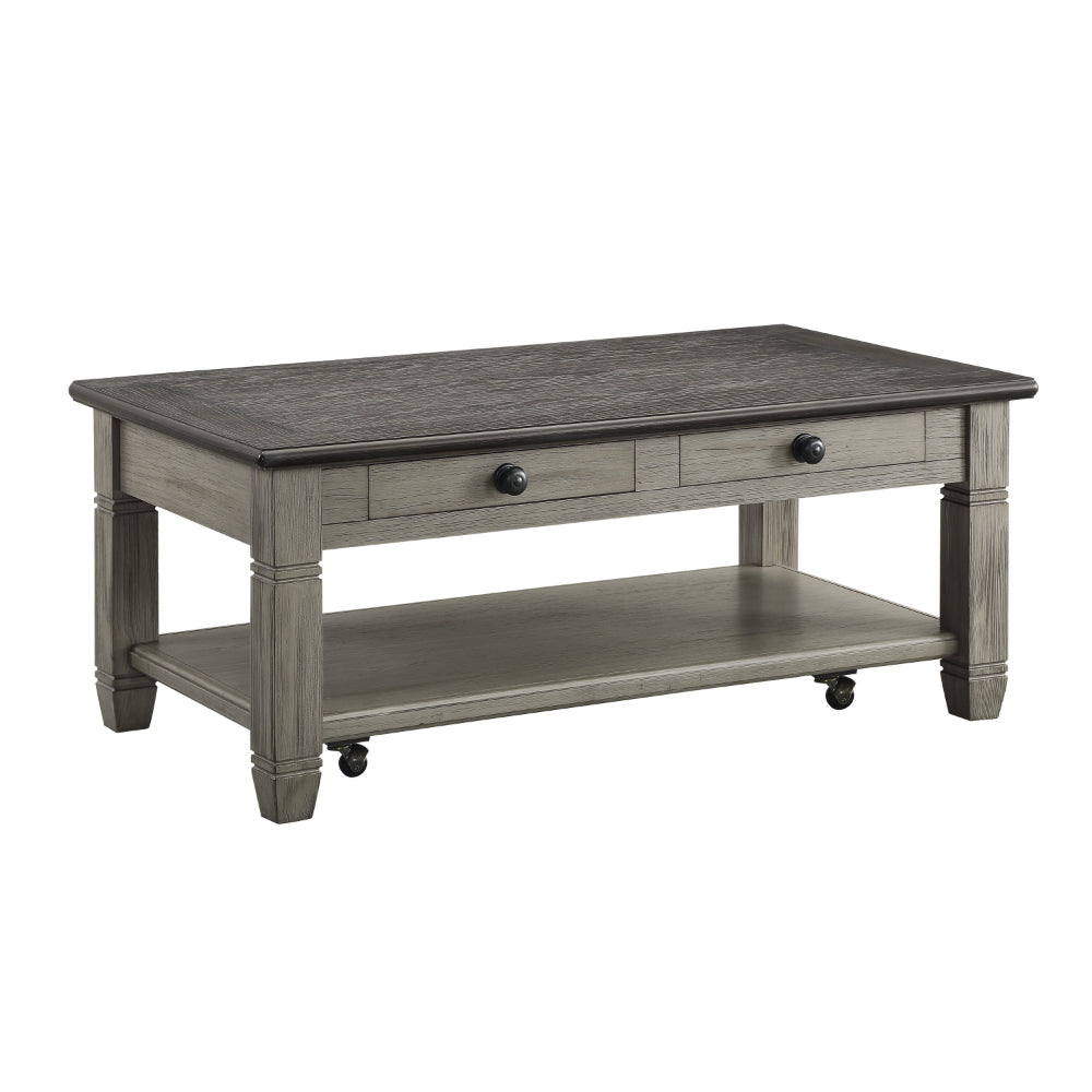 Rome 48 Inch Cocktail Table, 2 Drawers, Casters, Brown and Gray Solid Wood By Casagear Home