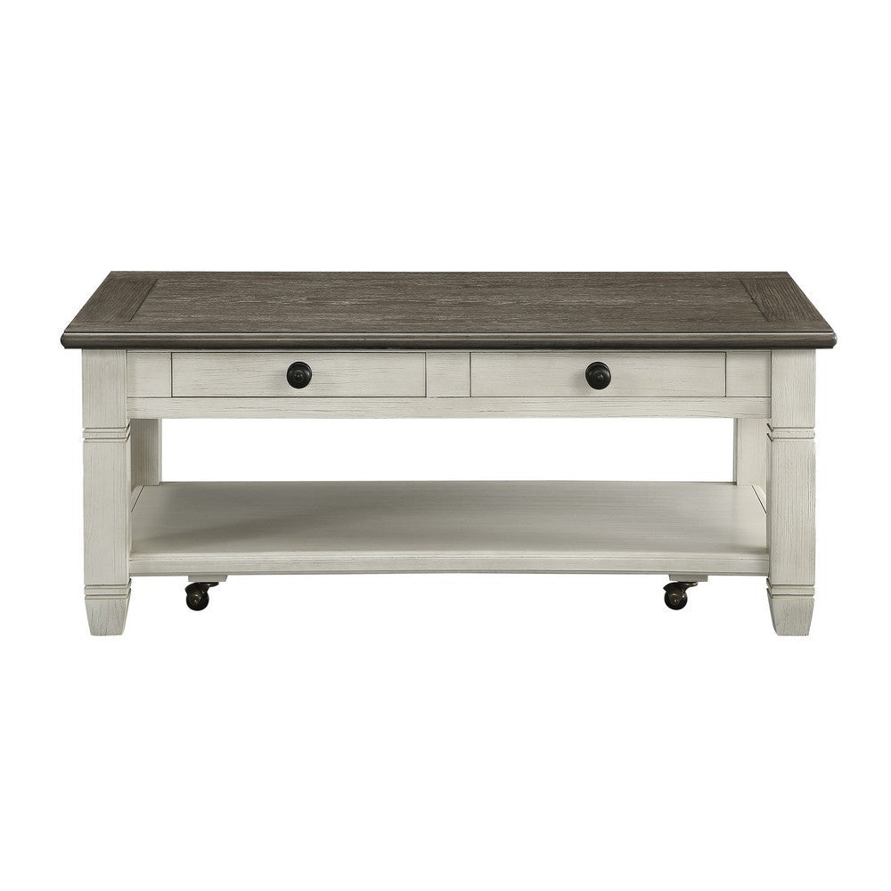 Rome 48 Inch Cocktail Coffee Table 2 Drawers White and Brown Solid Wood By Casagear Home BM314418