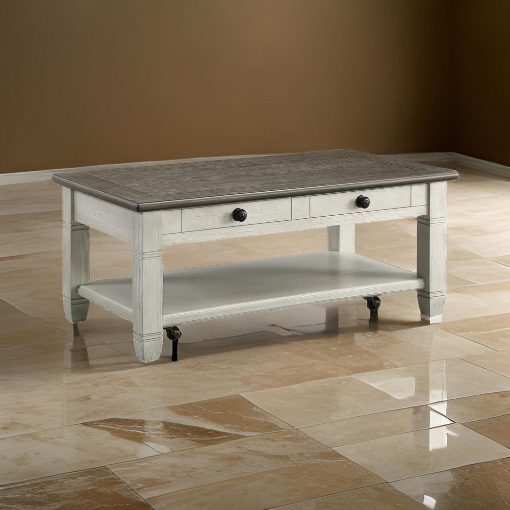 Rome 48 Inch Cocktail Coffee Table 2 Drawers White and Brown Solid Wood By Casagear Home BM314418