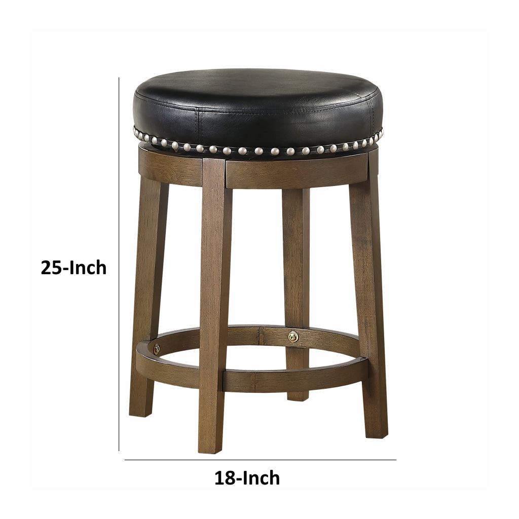 Bara 25 Inch Swivel Counter Stool Black Round Faux Leather Brown Set of 2 By Casagear Home BM314424