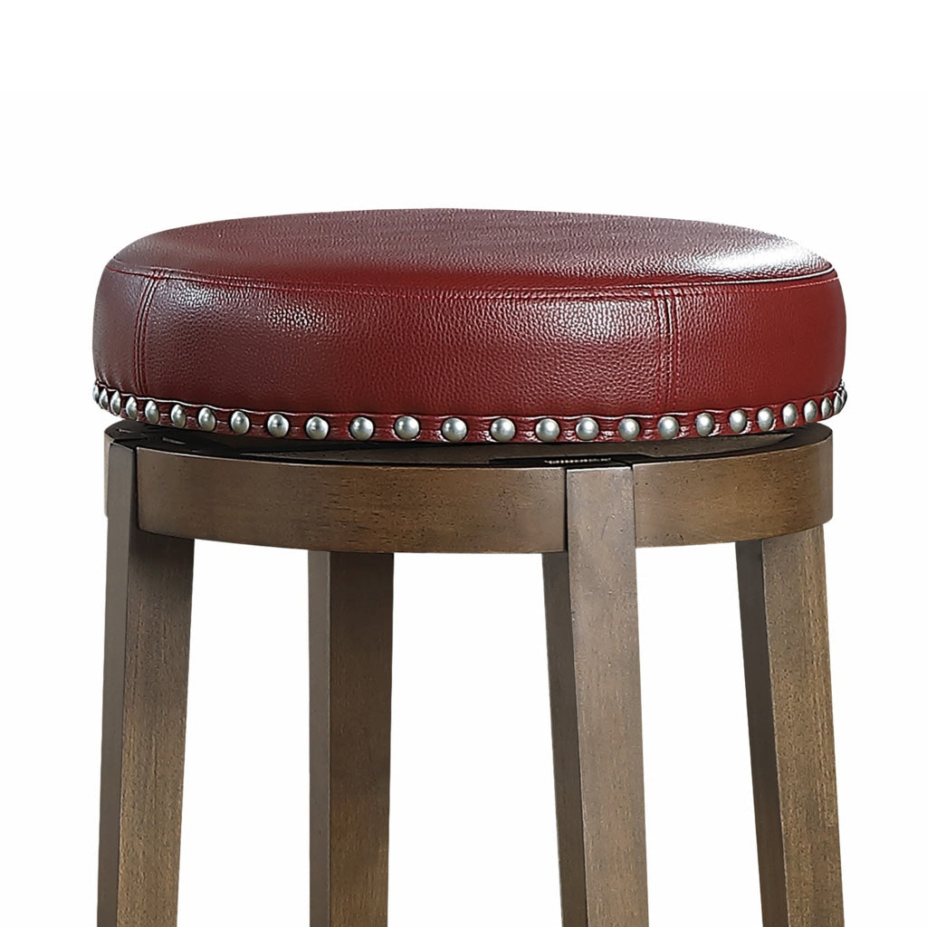 Bara 31 Inch Swivel Barstool Red Round Faux Leather Brown Wood Set of 2 By Casagear Home BM314427