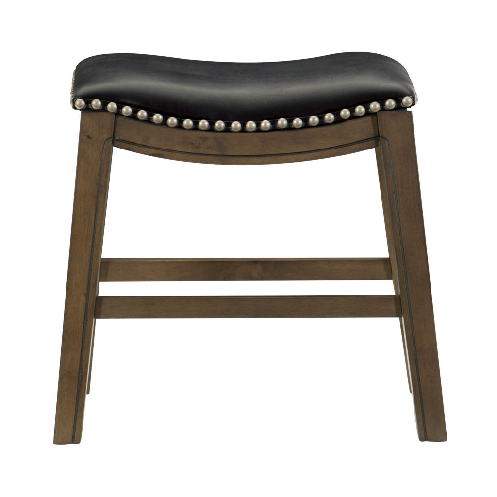 Miel 20 Inch Dining Stool Black Faux Leather and Brown Solid Wood By Casagear Home BM314428