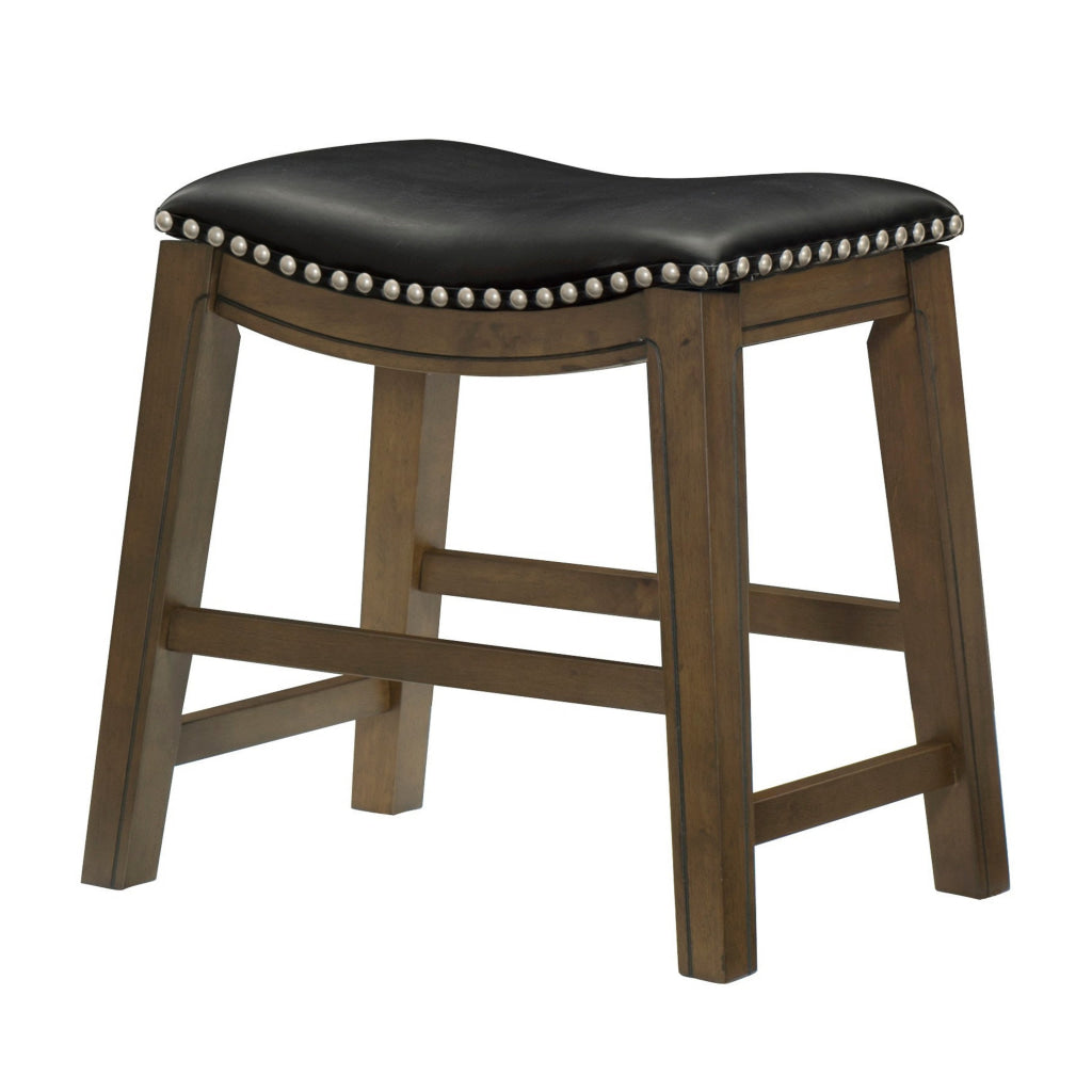 Miel 20 Inch Dining Stool Black Faux Leather and Brown Solid Wood By Casagear Home BM314428