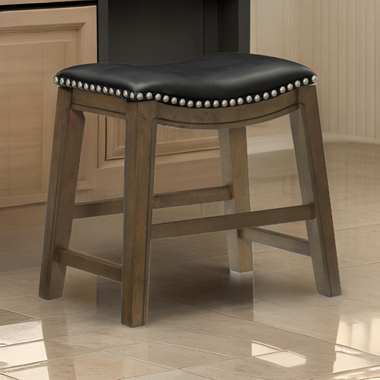 Miel 20 Inch Dining Stool, Black Faux Leather and Brown Solid Wood By Casagear Home