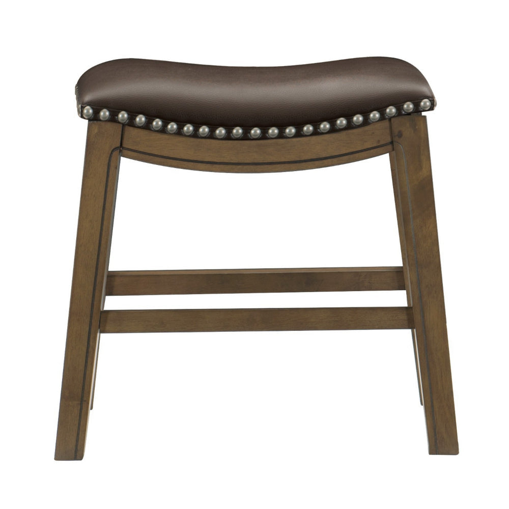 Miel 20 Inch Dining Stool Brown Faux Leather Brown Solid Wood Nailheads By Casagear Home BM314429