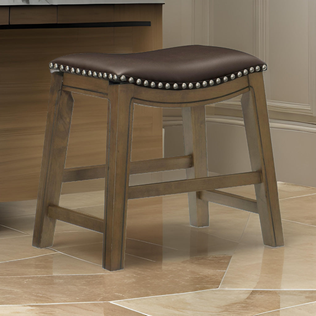 Miel 20 Inch Dining Stool, Brown Faux Leather, Brown Solid Wood, Nailheads By Casagear Home