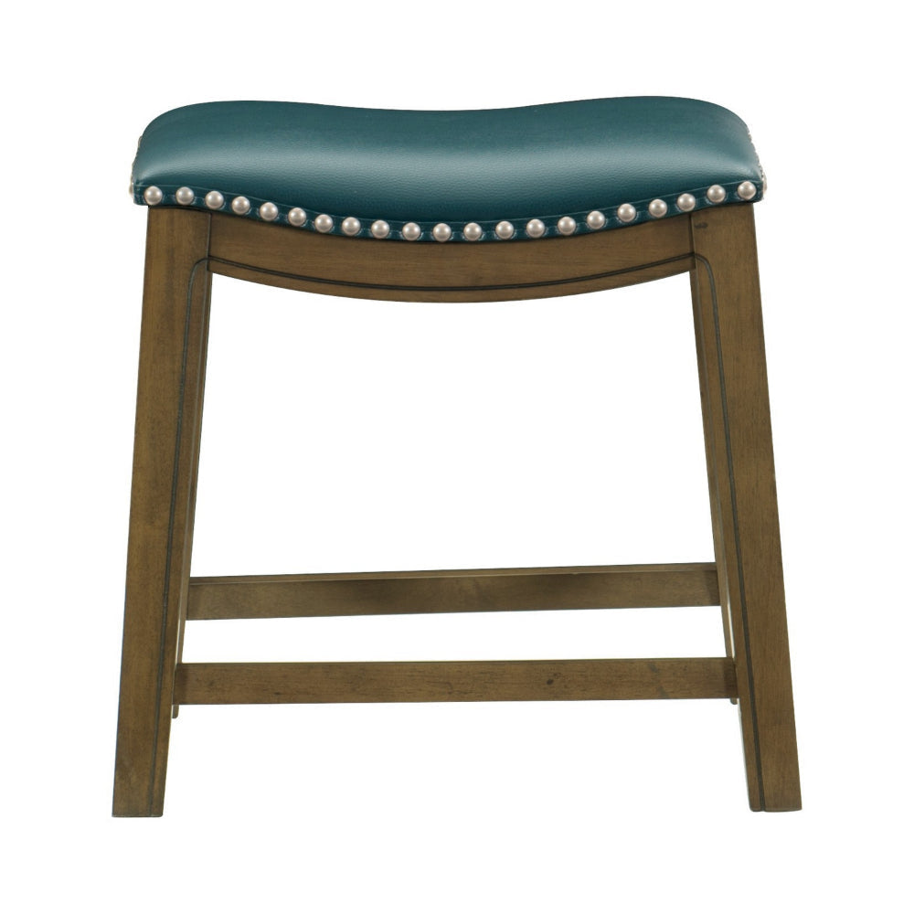 Miel 20 Inch Dining Stool Green Faux Leather Brown Solid Wood Nailheads By Casagear Home BM314430