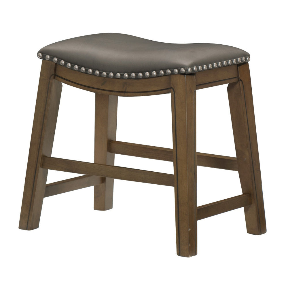 Miel 20 Inch Dining Stool Gray Faux Leather Brown Solid Wood Nailheads By Casagear Home BM314431